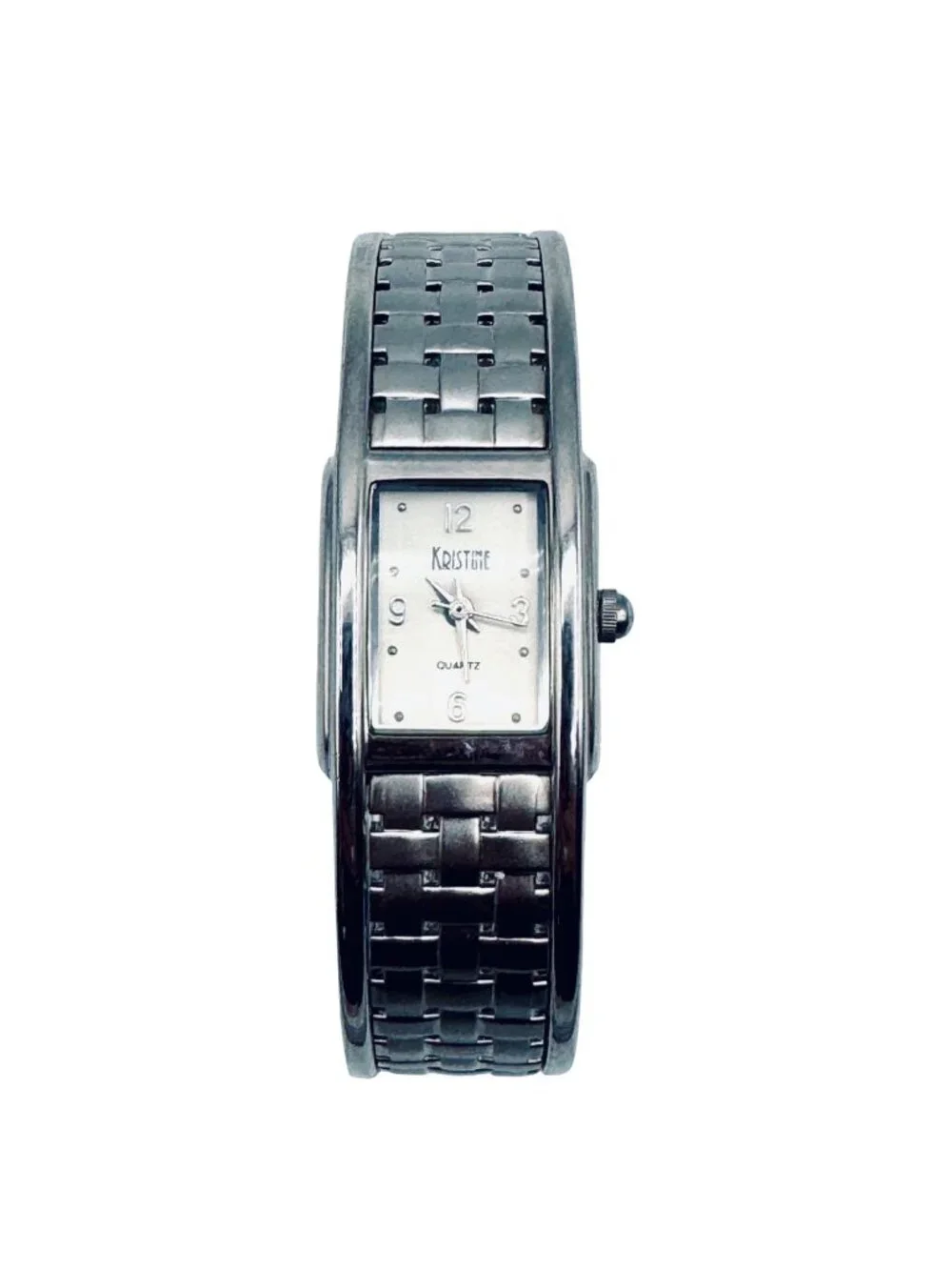 Vintage Kristine Cuff Bracelet Watch Basket Weave Silver Quartz Classic 1980s - Picture 1 of 7
